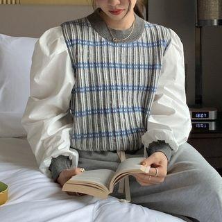 Mock Two-piece Puff-sleeve Striped Sweater