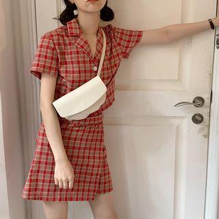 Set: Plaid Short-sleeve Cropped Shirt + Mini A-line Skirt