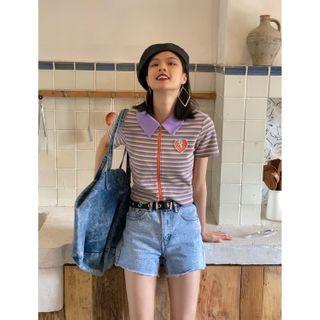 Collared Striped Short-sleeve Zip Cropped T-shirt