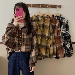 Long-sleeve Plaid Shirt / Turtleneck Plain Top