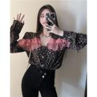 Long-sleeve Floral Print Lace Blouse Black - One Size
