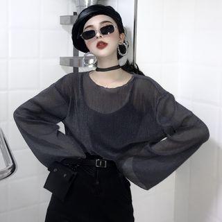 Set: Long-sleeve Chiffon Top + Camisole Top Set - Gray - One Size
