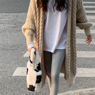 Long-sleeve Plain Cable Knit Cardigan Khaki - One Size