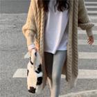 Long-sleeve Plain Cable Knit Cardigan Khaki - One Size