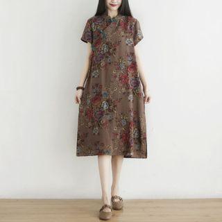 Floral Short-sleeve Qipao Dress Brown - One Size