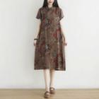 Floral Short-sleeve Qipao Dress Brown - One Size