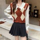 Mock Two-piece Collared Argyle Cardigan