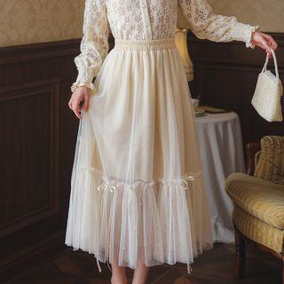 Bow-accent Embellished Mesh Midi A-line Skirt