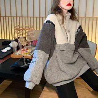 Loose-fit Colorblock Fleece Pullover Dark Gray - One Size