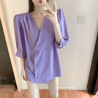 Double-buttoned Pintuck Short-sleeve Blazer Purple - One Size