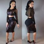 Set: Glittered Sheer Long-sleeve Crop Top + Pencil Skirt