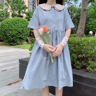 Contrast Collar Short-sleeve A-line Dress Dress - One Size