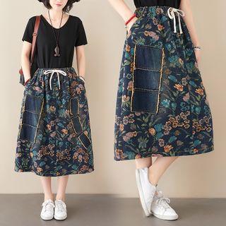 Floral Print Midi A-line Denim Skirt