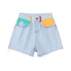High-waist Color-panel Wide-leg Denim Shorts