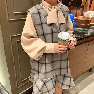 Bow Accent Shirt / Plaid Ruffle Hem Pinafore Dress