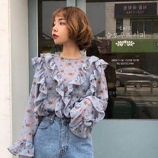 Long-sleeve Floral Print Top As Shown In Figure - One Size