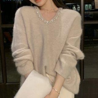 Faux Pearl Rhinestone Trim Sweater / Fringed Scarf
