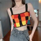 Sleeveless Plaid Knit Top Red & Orange & Yellow & Blue & Black - One Size