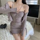 Ruffled Camisole Top / Mini Pencil Skirt / Lettuce Edge Cardigan