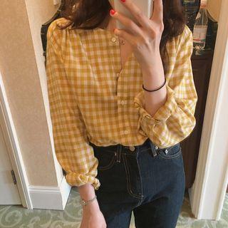 3/4-sleeve Plaid Shirt Yellow - One Size