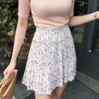 Band-waist Floral Pleated Mini Skirt