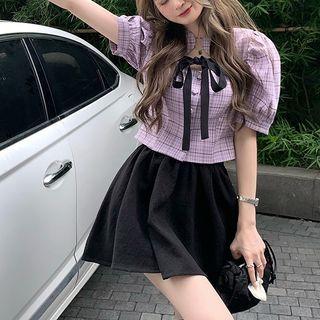 Puff-sleeve Plaid Blouse / Mini A-line Overall Dress