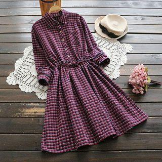 Check Long-sleeve A-line Shirt Dress