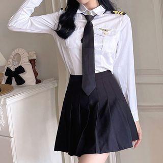 Long-sleeve Shirt / Pleated Mini A-line Skirt / Set