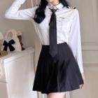 Long-sleeve Shirt / Pleated Mini A-line Skirt / Set