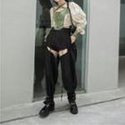 Puff-sleeve Floral Blouse / Cutout Pants