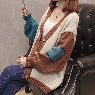 V-neck Color Block Cardigan As Shown In Figure - One Size