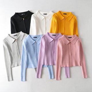 Collared Zip-up Rib Knit Cardigan