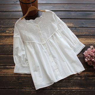 Elbow-sleeve Eyelet Lace Panel Blouse White - One Size