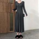 Split-neck Long-sleeve Midi A-line Dress Black - One Size