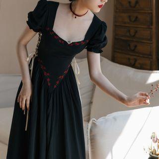 Puff-sleeve Floral Lace Up Midi A-line Dress