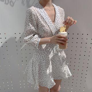 Long Sleeve Dot Print V-neck Wrapped Dress