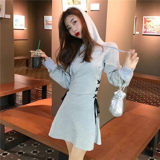 Hood Long-sleeve A-line Dress Gray - One Size