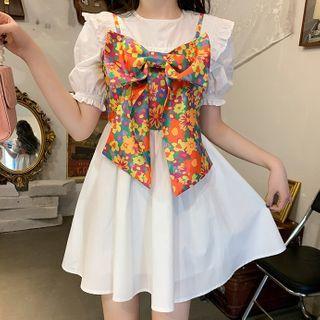 Bow-front Camisole Top / Puff-sleeve Frill Trim Mini A-line Dress / Short-sleeve Cropped T-shirt