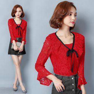Ruffle Trim Lace Long-sleeve Top