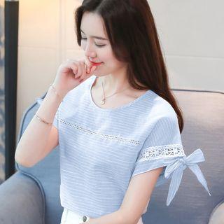 Short-sleeve Stripe Lace Panel Top