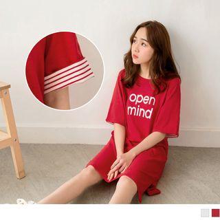 Striped Cuffed Lettering Shift Dress