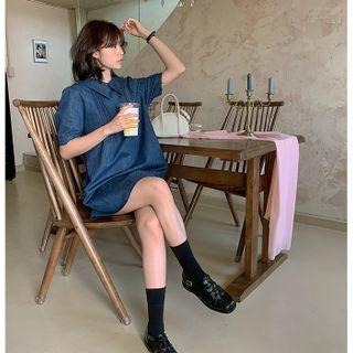 Collared Denim Shift Dress Dark Blue - One Size