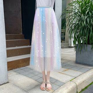 Sheer Pane Midi A-line Skirt Light Blue & Light Pink & Light Yellow - One Size