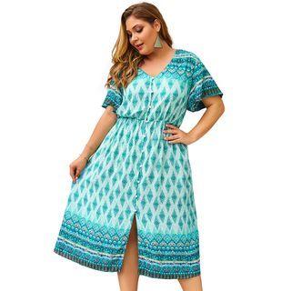 Plus Size Printed Short-sleeve Midi Shift Dress