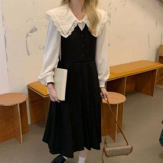 Lace Trim Blouse / Midi A-line Pinafore Dress