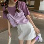 Mock Two-piece Short-sleeve Checked Twist-front T-shirt