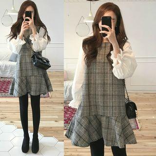 Mock Two-piece Bell-sleeve Mini Plaid Dress