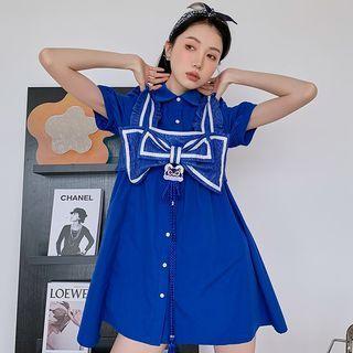 Set: Short-sleeve Mini Shirt Dress + Bow Camisole Top