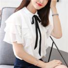 Frill Trim Bow Accent Short Sleeve Blouse