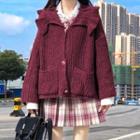 Collared Knit Cardigan / Shirt With Bow Tie / Plaid Mini A-line Skirt / Set